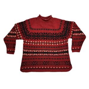 Vintage 90s Eddie Bauer Men's XL Red Fair Isle Nordic Knit Cotton Sweater